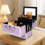 Pink aluminum makeup train case open with trays and mirror