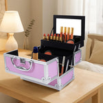 Pink train case on vanity