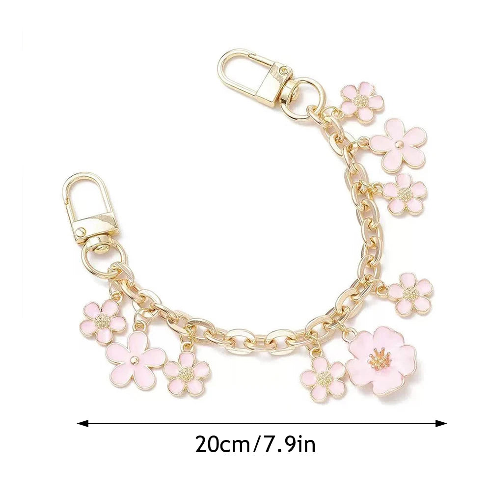 Petite pink blossom bag charm chain, about 20 cm long