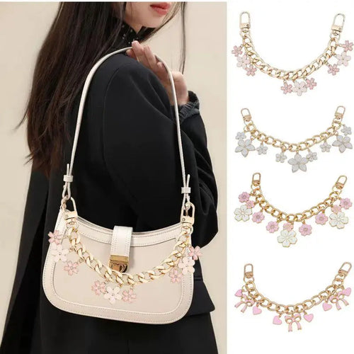 Blossom bag charm chain worn on a shoulder bag